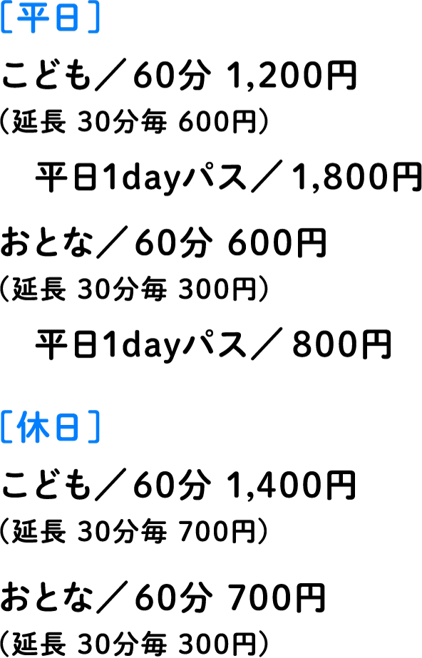 [平日]こども／60分 1,200円(延長30分 600円) 平日1dayパス/1,800円 おとな／60分 600円(延長 30分毎 300円) 平日1dayパス/800円 [休日]こども/60分 1,400円（延長 30分毎 700円） おとな/60分 700円（延長 30分毎 300円）